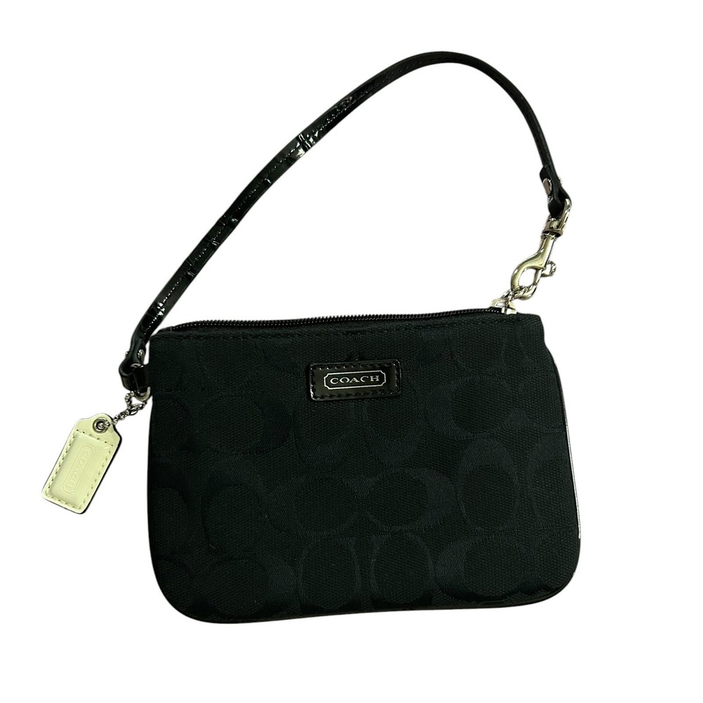 Coach Signature Jacquard Wristlet Black Canvas Patent Leather Trim Small Bag
